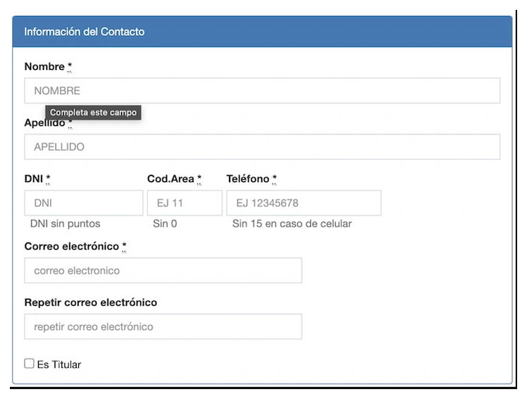 Paso 2 para sacar turno de la VTV en Santa Teresita: información del contacto